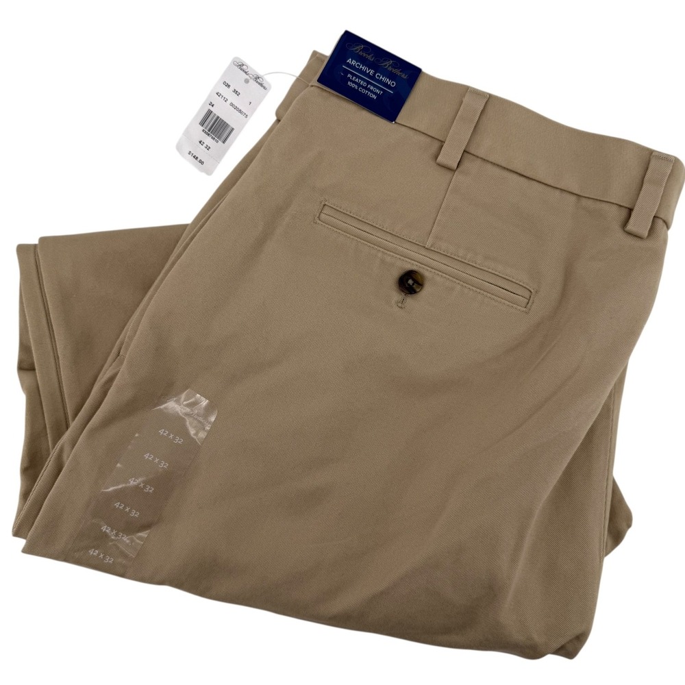 NWT Brooks Brothers Archive Chino Mens 42x32 Khaki Tan Pleated Cotton Pants $148